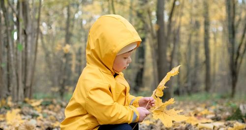 Side view of woman holding autumn leaves