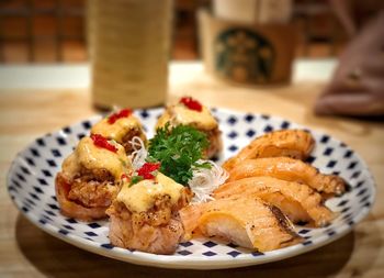 Close-up of food in plate on table