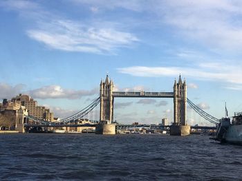 View of suspension bridge against cloudy sky