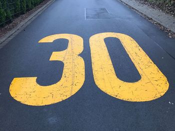 High angle view of sign on road