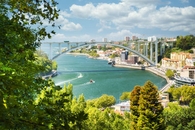 High angle view of bridge and cityscape against sky