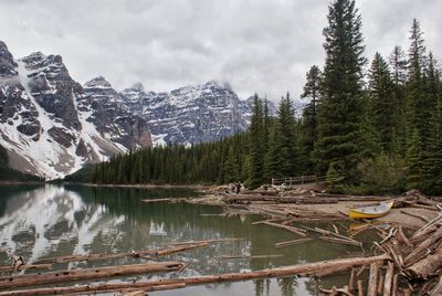 Scenic view of river and mountains against sky