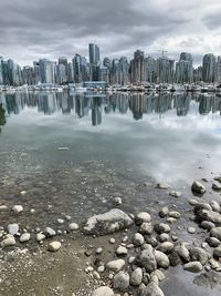 Scenic view of sea by buildings against sky