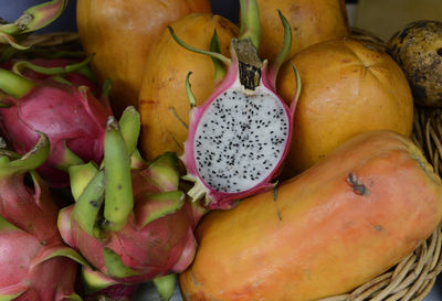 High angle view of various fruits in basket