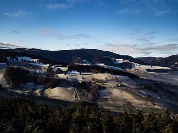 High angle view of buildings against sky