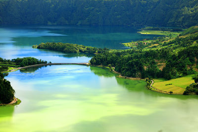 Scenic view of lake by trees against sky