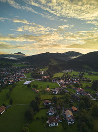 High angle view of townscape against sky during sunset