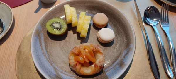 High angle view of breakfast on table