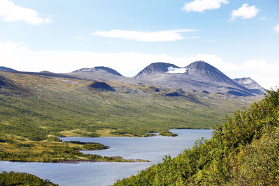 Scenic view of lake and mountains against sky