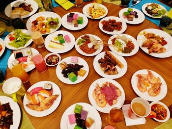 High angle view of meal served on table