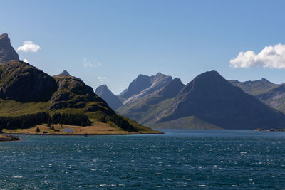 Scenic view of sea and mountains against sky