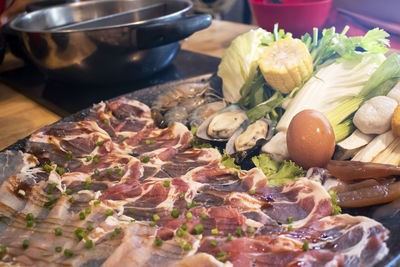 Close-up of food served on table