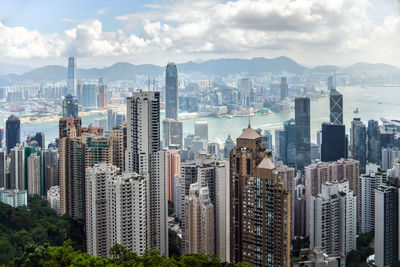 Aerial view of buildings in city against sky