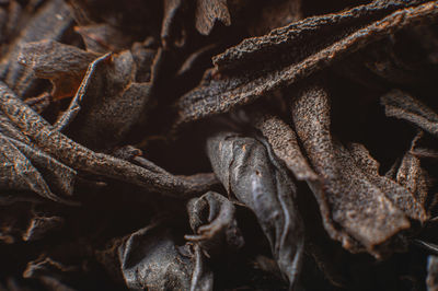 Black loose leaf tea as a background. texture of dry black tea leaves. dark background. extreme