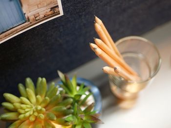 High angle view of hand on table