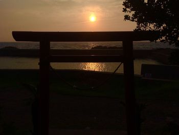 Silhouette trees on beach against sky during sunset
