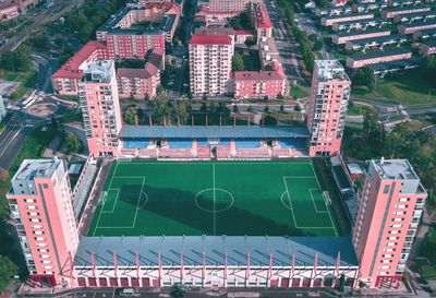 High angle view of city buildings