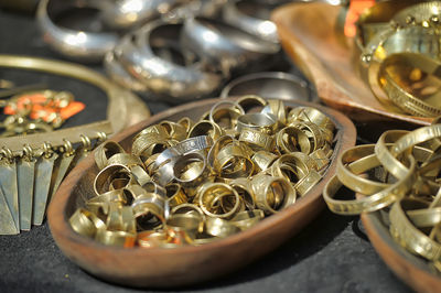 Close-up of coins on table