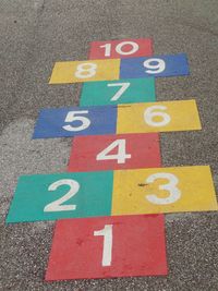 Close-up of multi colored pattern with number, child playground