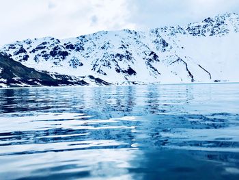 Scenic view of sea by snowcapped mountains against sky