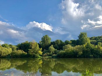 Scenic view of lake by trees against sky