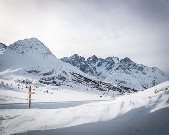 Scenic view of snow covered mountains against sky