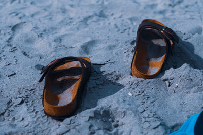 High angle view of shoes on wet sand