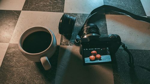 High angle view of coffee on table