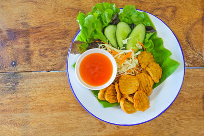 High angle view of breakfast served on table