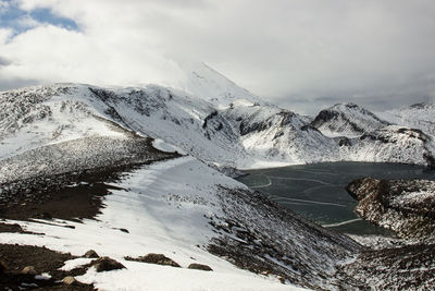 The upper tama lake and mount ngauruhoe volcano in the tongariro national park in new zealand.