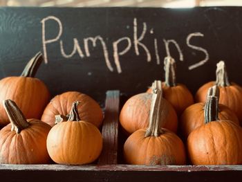 Various pumpkins on display at market stall