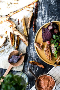 High angle view of food on table