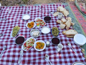 High angle view of breakfast served on table