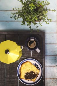 High angle view of breakfast on table