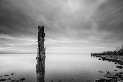 Wooden posts on sea against sky