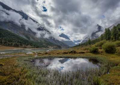 Scenic view of lake and mountains against sky