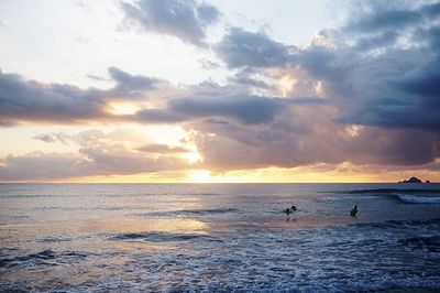 Silhouette people on beach against sky during sunset