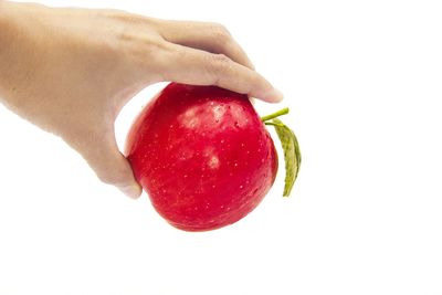 Close-up of hand holding apple against white background