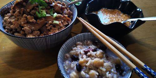 High angle view of food in bowl on table