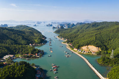 High angle view of bay against sky