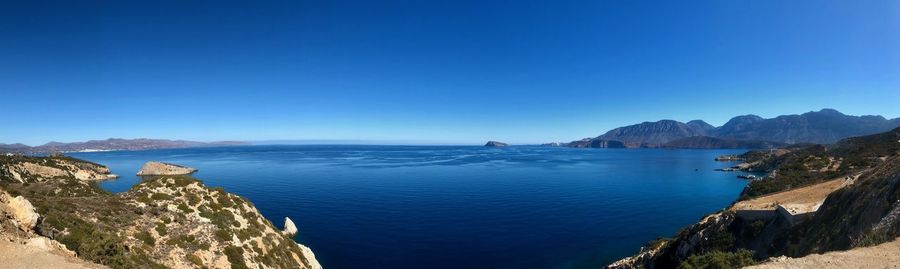 Panoramic view of sea against clear blue sky