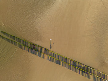 Aerial view of the sandy shore, long shadows on the sand from the breakwater posts