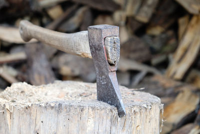 Close-up of chain on wooden log