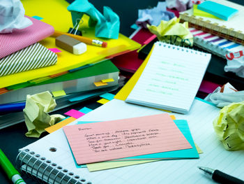 High angle view of books on table