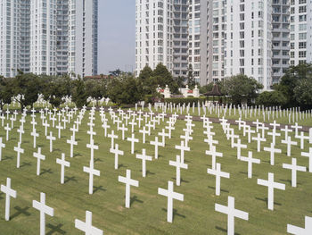 High angle view of buildings in city