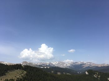 Panoramic view of snowcapped mountains against blue sky