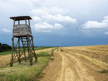 Dirt road amidst field against sky