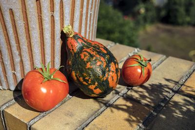 Close-up of pumpkins on wood