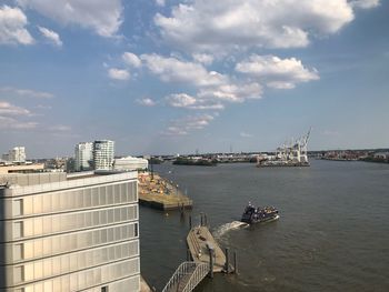 Scenic view of sea by buildings against sky