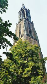 Low angle view of trees and building against sky